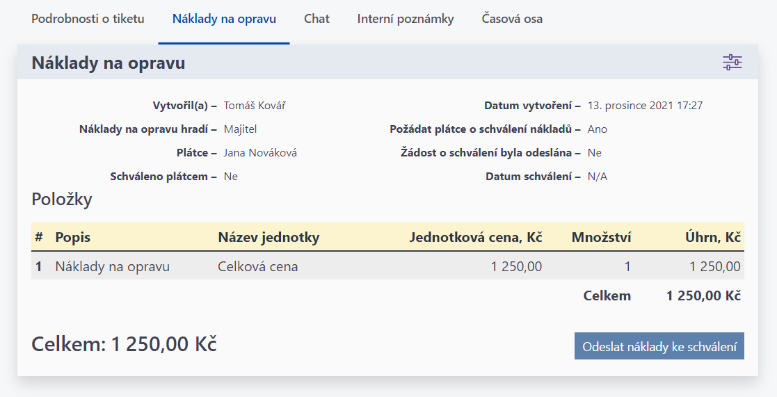 Přehled nákladů na opravu