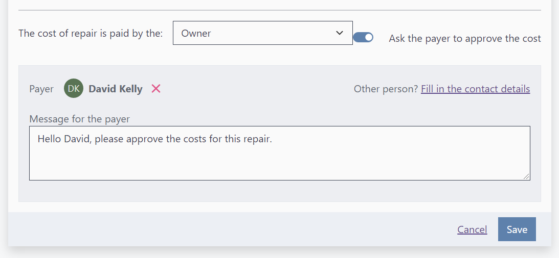 Payer of repair costs