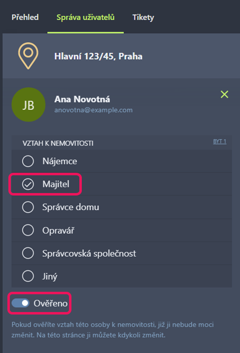 Vyberte vztah uživatele k nemovitosti